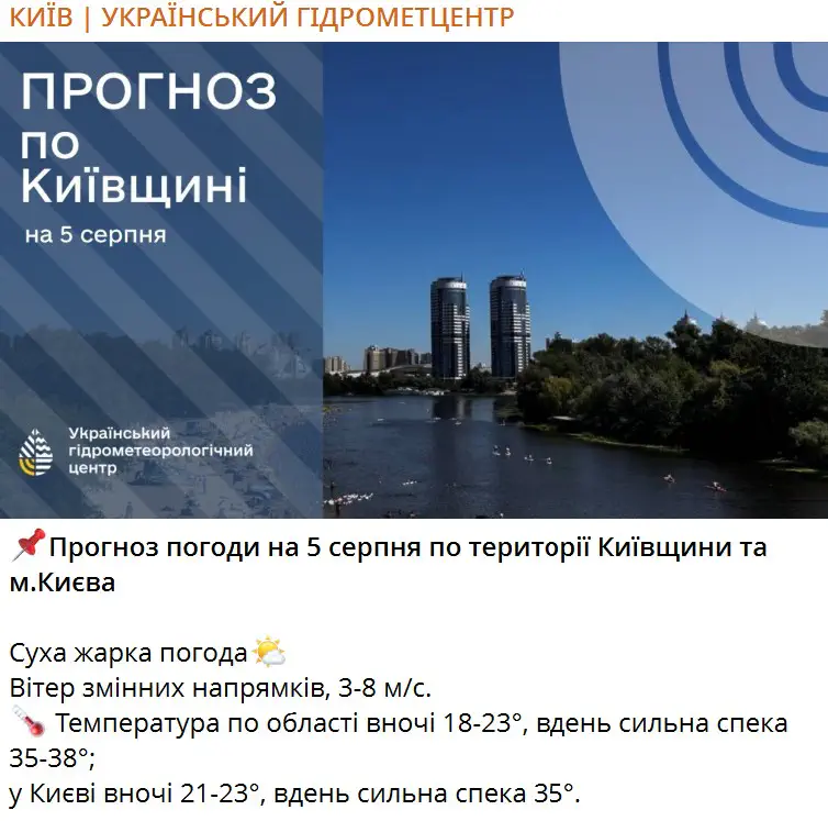 Прогноз погоди на 5 серпня по території Київщини та м.Києва