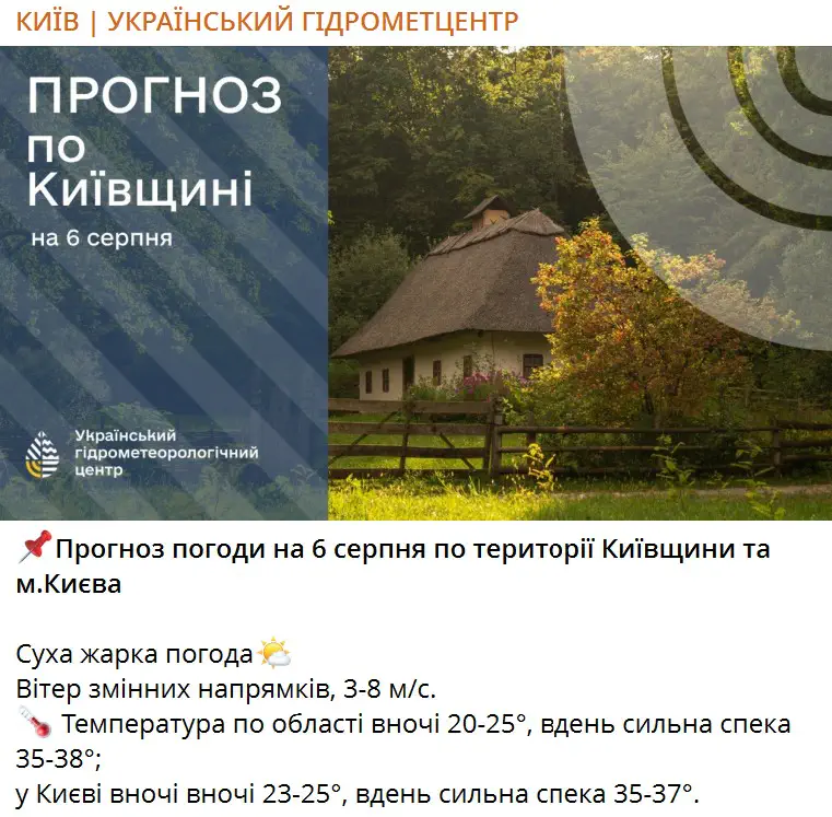 Прогноз погоди на 6 серпня по території Київщини та м.Києва