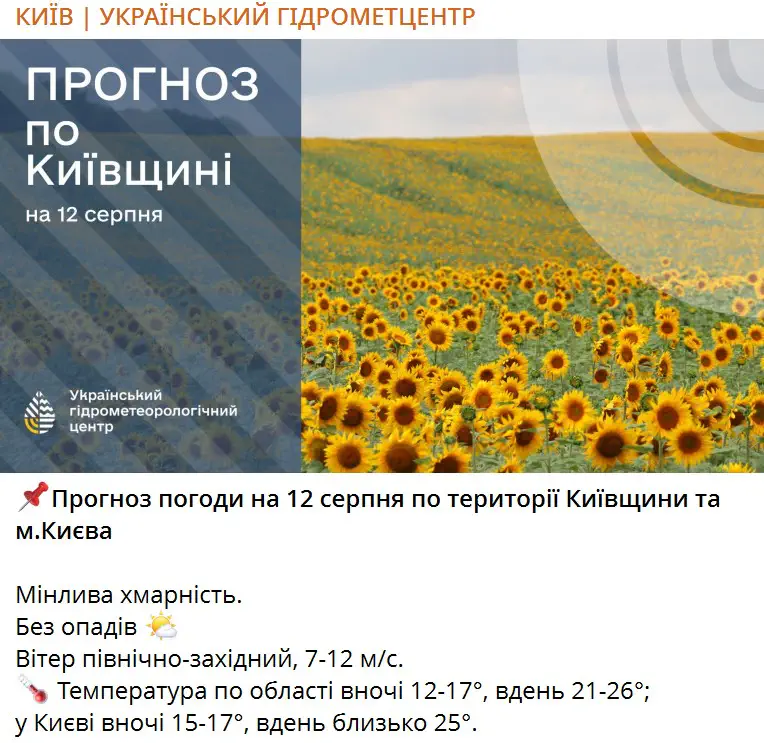 Прогноз погоди на 12 серпня по території Київщини та м.Києва