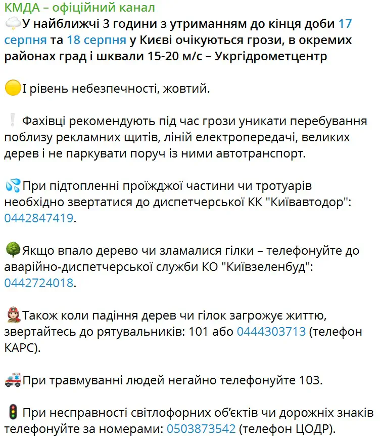 Куди телефонувати в Києві під час негоди: важливі номери служб при підтопленнях, падінні дерев і травмах