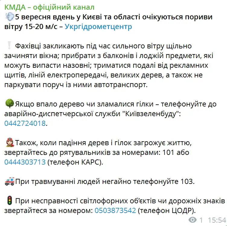 5 вересня вдень у Києві та області очікуються пориви вітру 15-20 м/с