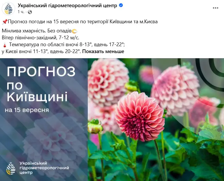 Прогноз погоди на 15 вересня по території Київщини та м.Києва