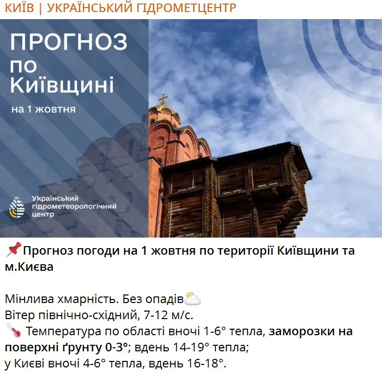 Прогноз погоди на 1 жовтня по території Київщини та м.Києва