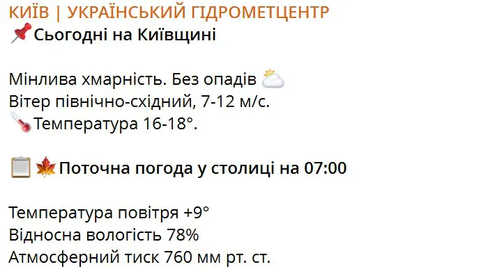 Прогноз погоды на 1 октября по территории Киевской области и г. Киева