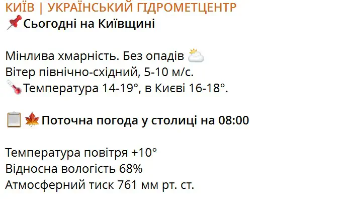 Прогноз погоды на 2 октября по территории Киевской области и г. Киева