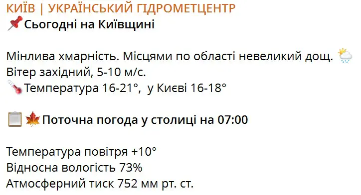 Прогноз погоди на 5 жовтня по території Київщини та м.Києва