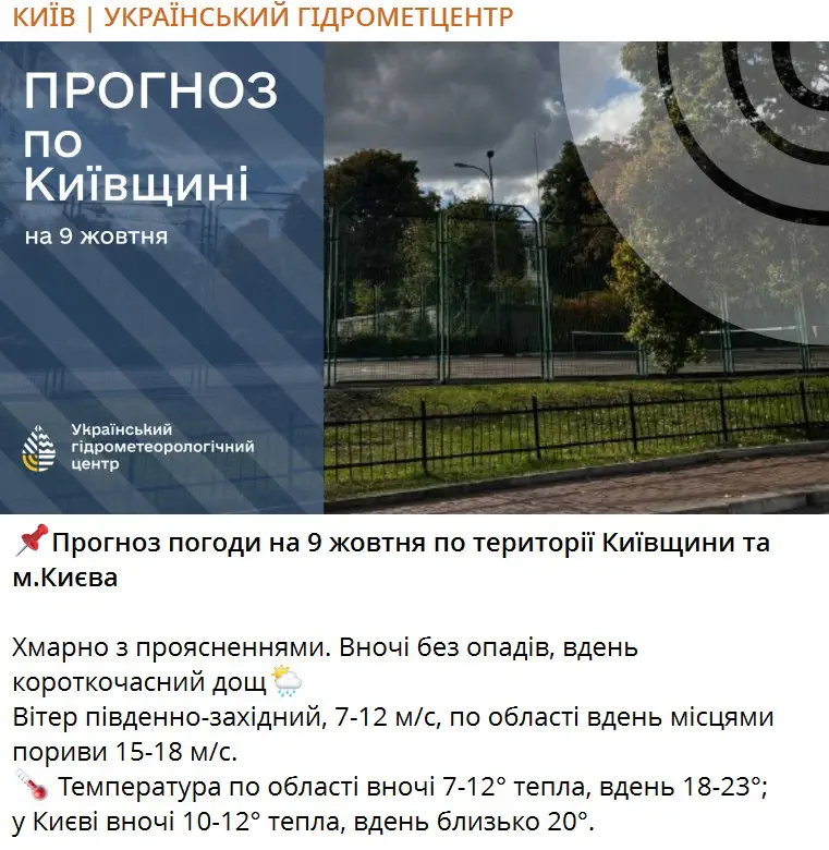 Прогноз погоди на 9 жовтня по території Київщини та м.Києва