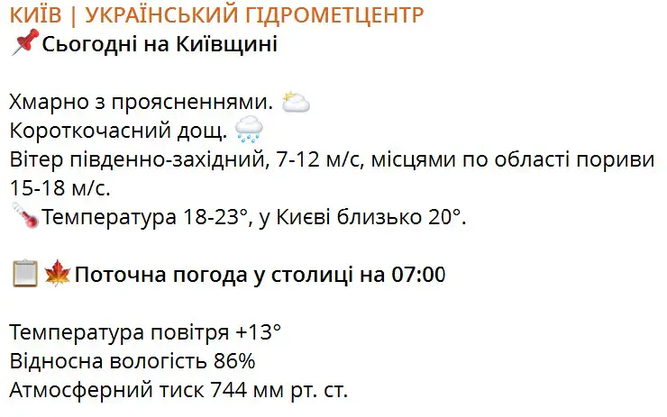 Прогноз погоды на 9 октября по территории Киевской области и г. Киева