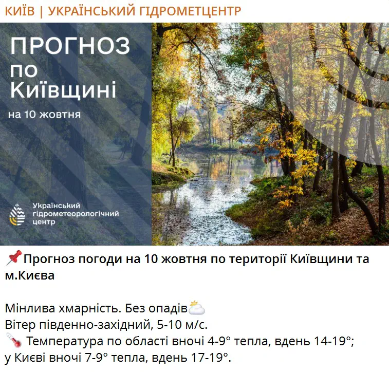 Прогноз погоди на 10 жовтня по території Київщини та м.Києва