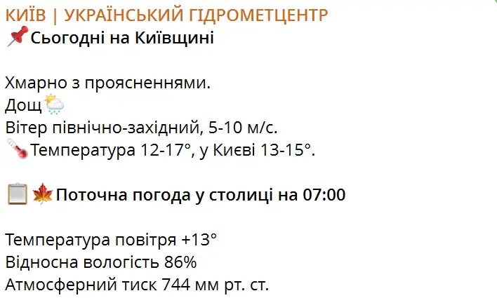 Прогноз погоды на 12 октября на территории Киевской области и г. Киева