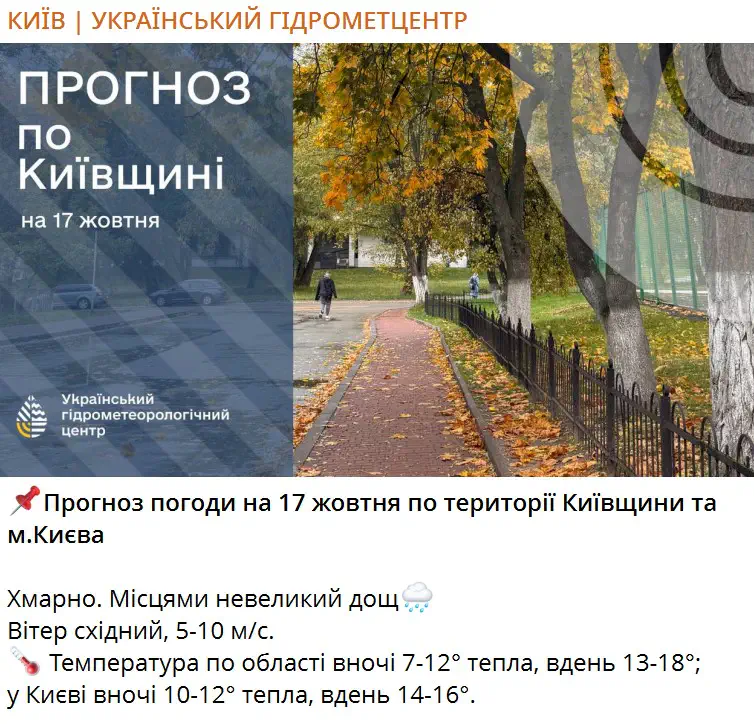 Прогноз погоды на 17 октября по территории Киевской области и г.Киева
