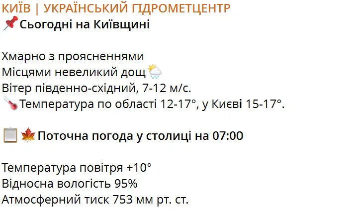 Прогноз погоды на 22 октября по территории Киевской области и г. Киева