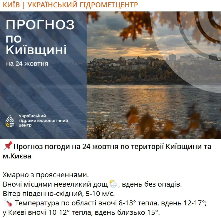Прогноз погоды на 24 октября по территории Киевской области и г. Киева