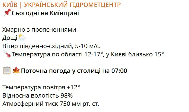 Прогноз погоды на 23 октября по территории Киевской области и г. Киева