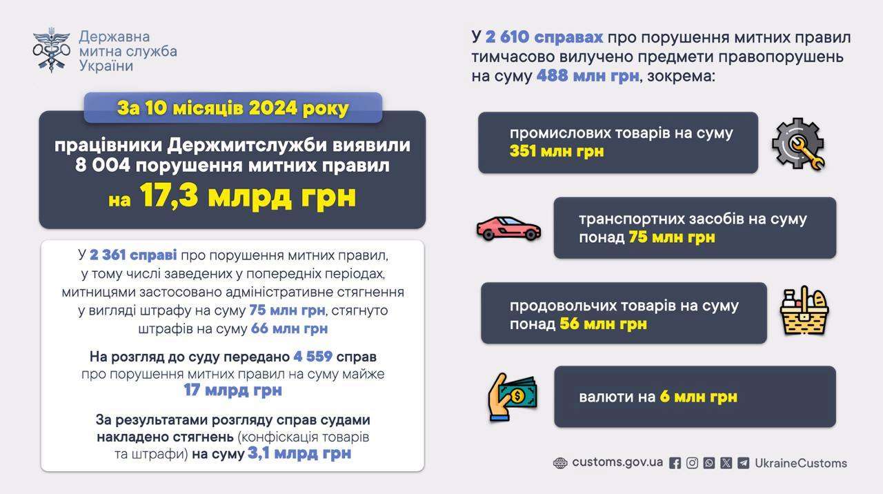 За десять месяцев 2024 года таможни выявили нарушений таможенных правил на 17,3 млрд грн