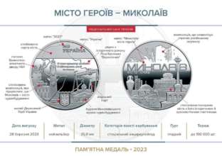 На реверсі медалі на дзеркальному тлі напис – МИКОЛАЇВ / МІСТО ГЕРОЇВ На реверсі медалі на дзеркальному тлі напис – МИКОЛАЇВ / МІСТО ГЕРОЇВ