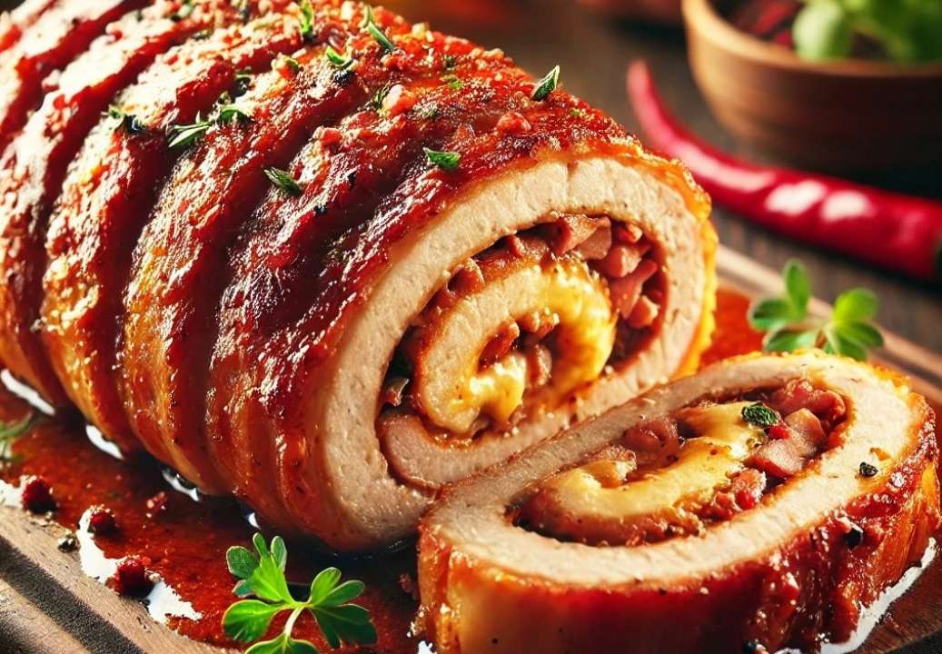 Рулет із вирізки з сирною начинкою/Фото: AI М'ясний шедевр: рулет з вирізки з сирною начинкою