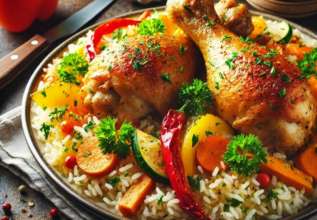 Курячі гомілки з рисом та овочами/Фото: AI Легка та смачна вечеря: курячі гомілки з рисом та овочами