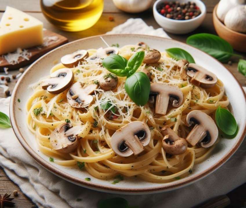 Паста с беконом и шампиньонами
