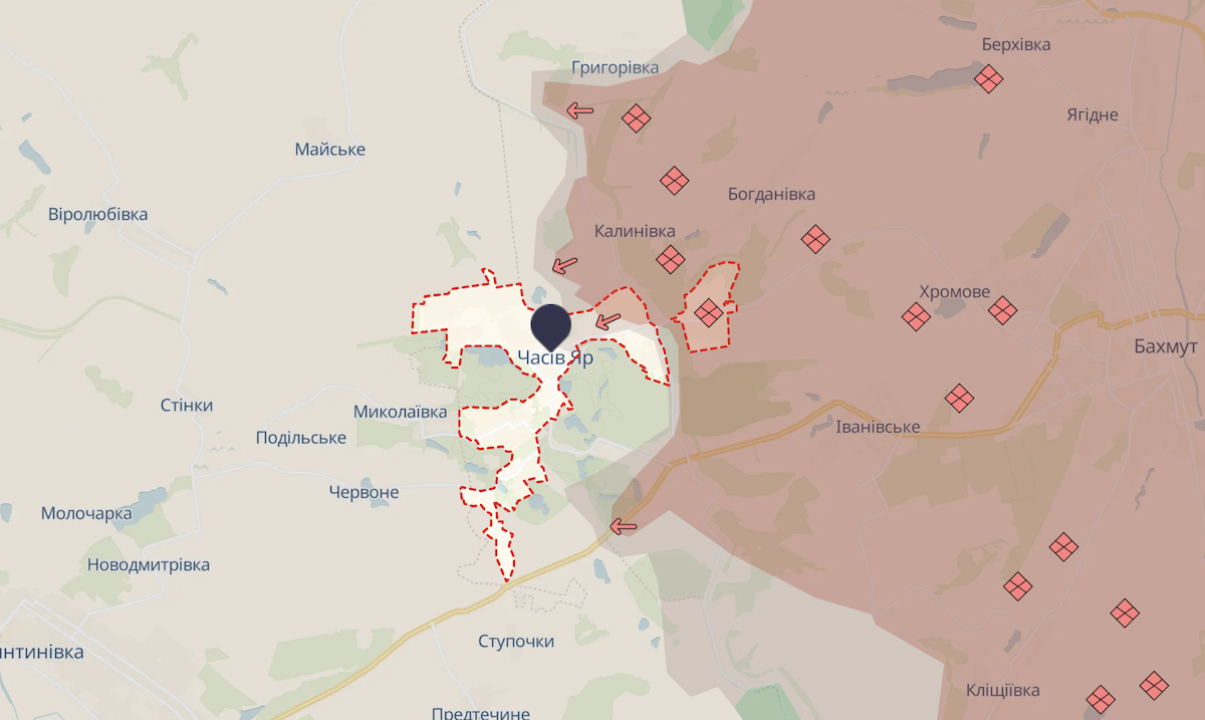 Ворог просунувся у Часовому Яру/Фото: скріншот мапи DeepState Ворог просунувся у Часовому Яру/Фото: скріншот мапи DeepState