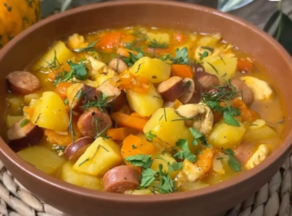 Вкусная идея для обеда: тушеная картошка с охотничьими колбасками