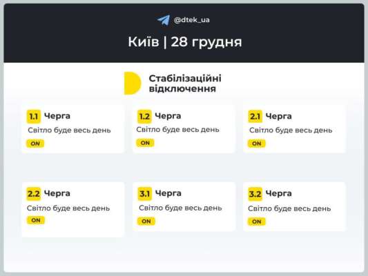 Коли вимикатимуть світло 28 грудня 2024 року. Фото: ДТЕК графіки відключень дтек