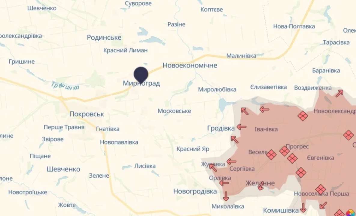 росіяни — за 6 кілометрів від Мирнограда/Фото: DeepStateMap