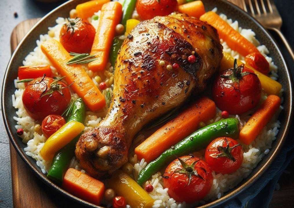 Запеченные куриные голени с овощами и рисом/Фото: Bing Запеченные куриные голени с овощами и ароматным рисом — идеальный ужин в одном противне