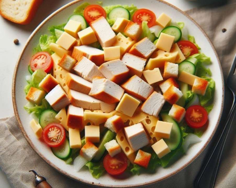 Смачний салат з курячим філе та домашніми грінками