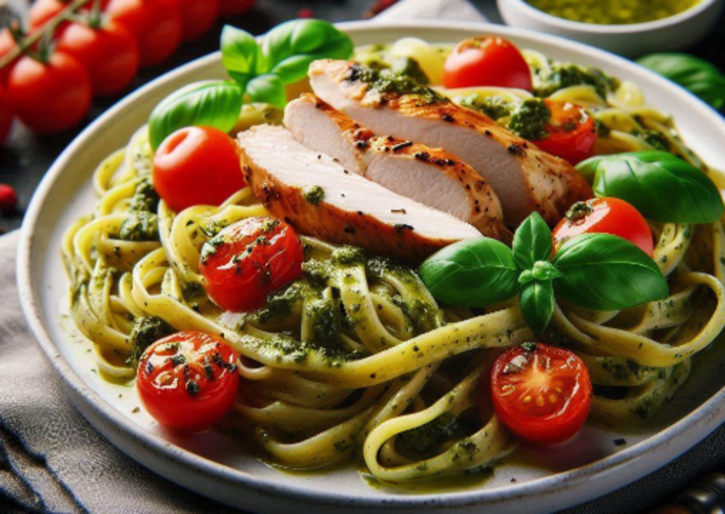 Паста з соусом песто, куркою та помідорами чері / Фото: Bing Паста з соусом песто, куркою та помідорами чері