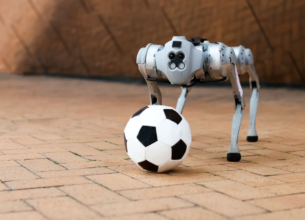 В США создали робота, который умеет играть в футбол/Фото: MIT DribbleBot с мячом