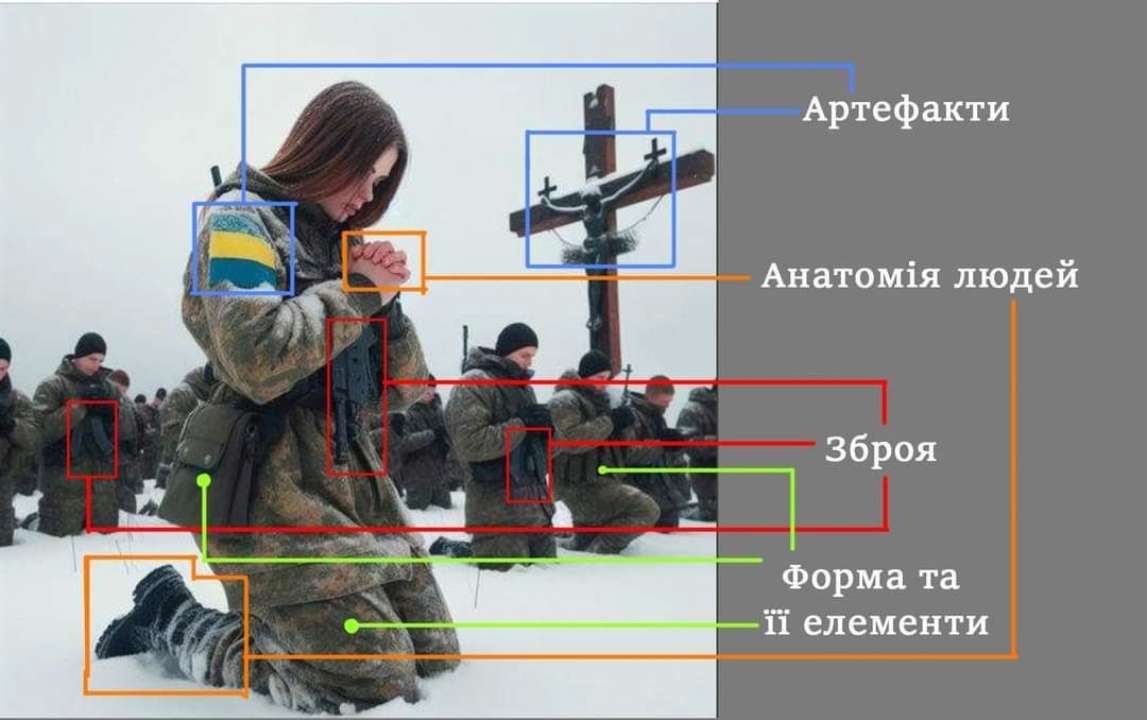 Фейкова картинка «Молитва за Авдіївку» згенерована штучним інтелектом/Фото: АрміяINFORM Відсутність пальців, російський піксель та стяг догори дриґом: як розпізнати фейки від ШІ