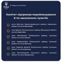 Комитет ВРУ поддержал переименование шести населенных пунктов/Фото: ВРУ Комитет ВРУ поддержал переименование шести населенных пунктов