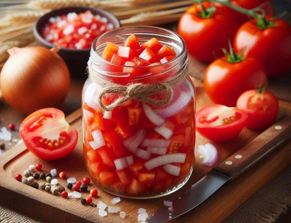 Маринованный лук с помидором /Фото: Bing Вкусная закуска к мясу — маринованный лук с помидором